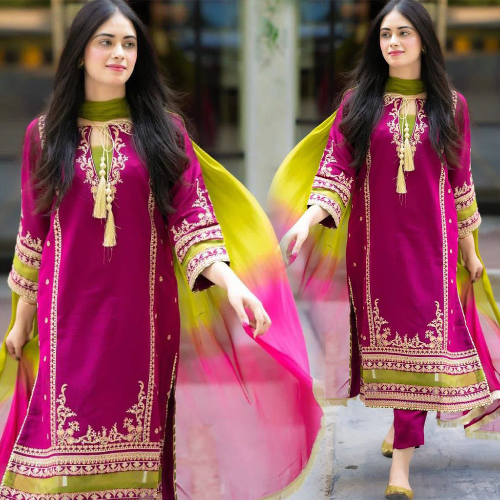Omal By Komal Linen 3PC Embroidered With Chiffon Dye N Dye Dupatta-1311