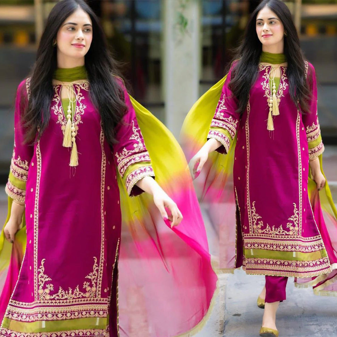 Omal By Komal Linen 3PC Embroidered With Chiffon Dye N Dye Dupatta-1311