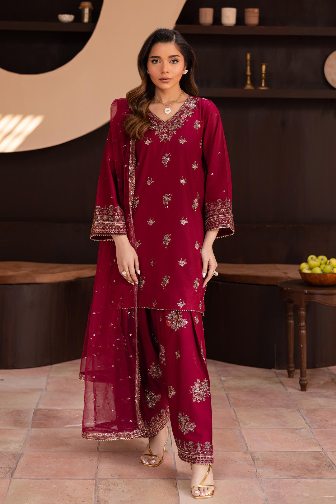 Dhanak -3PC Embroidered Shirt With Organza Embroidered Dupatta-3370