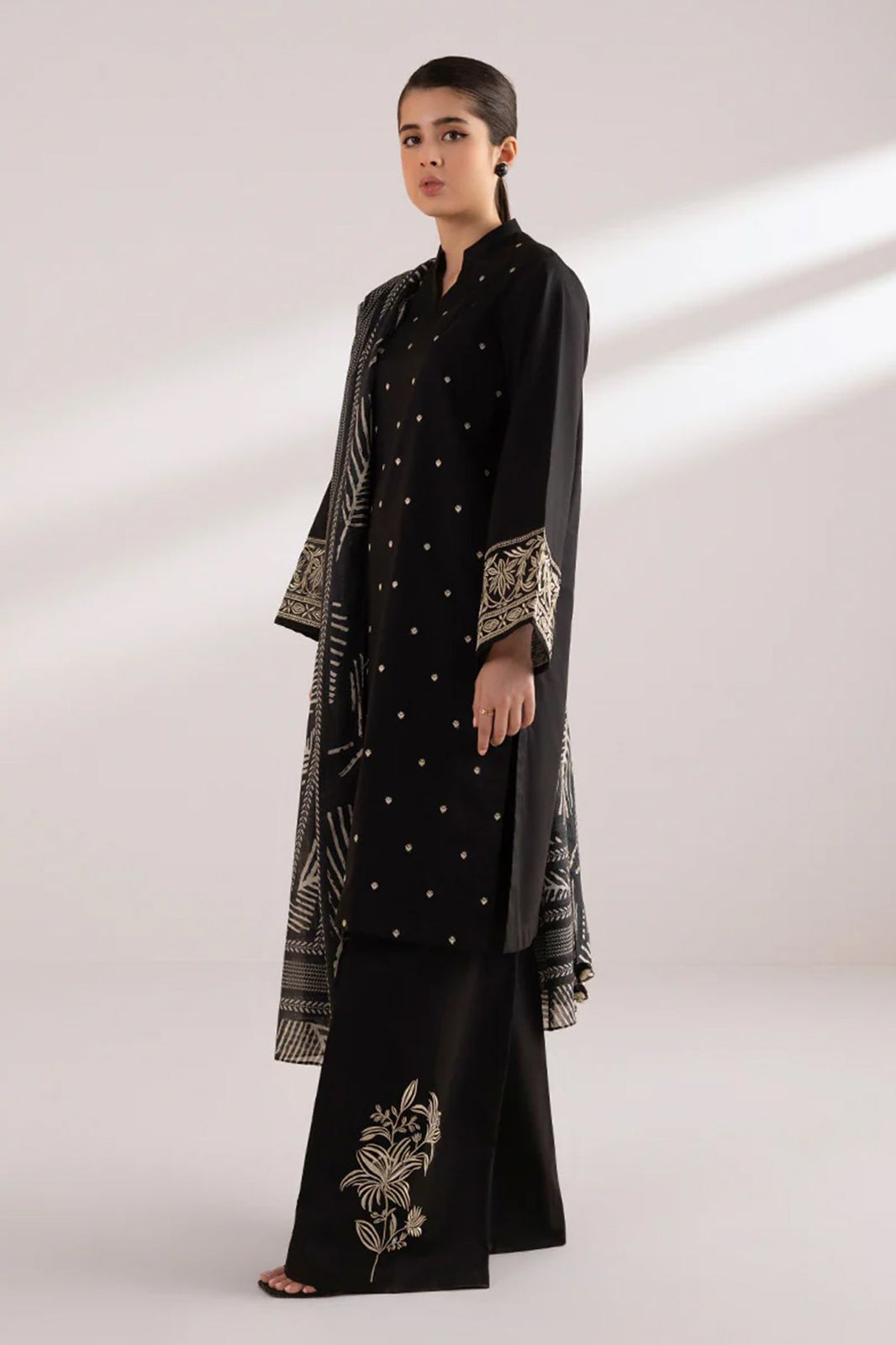 Dhanak-3PC Embroidered Shirt with Digital printed wool shawl - 3121