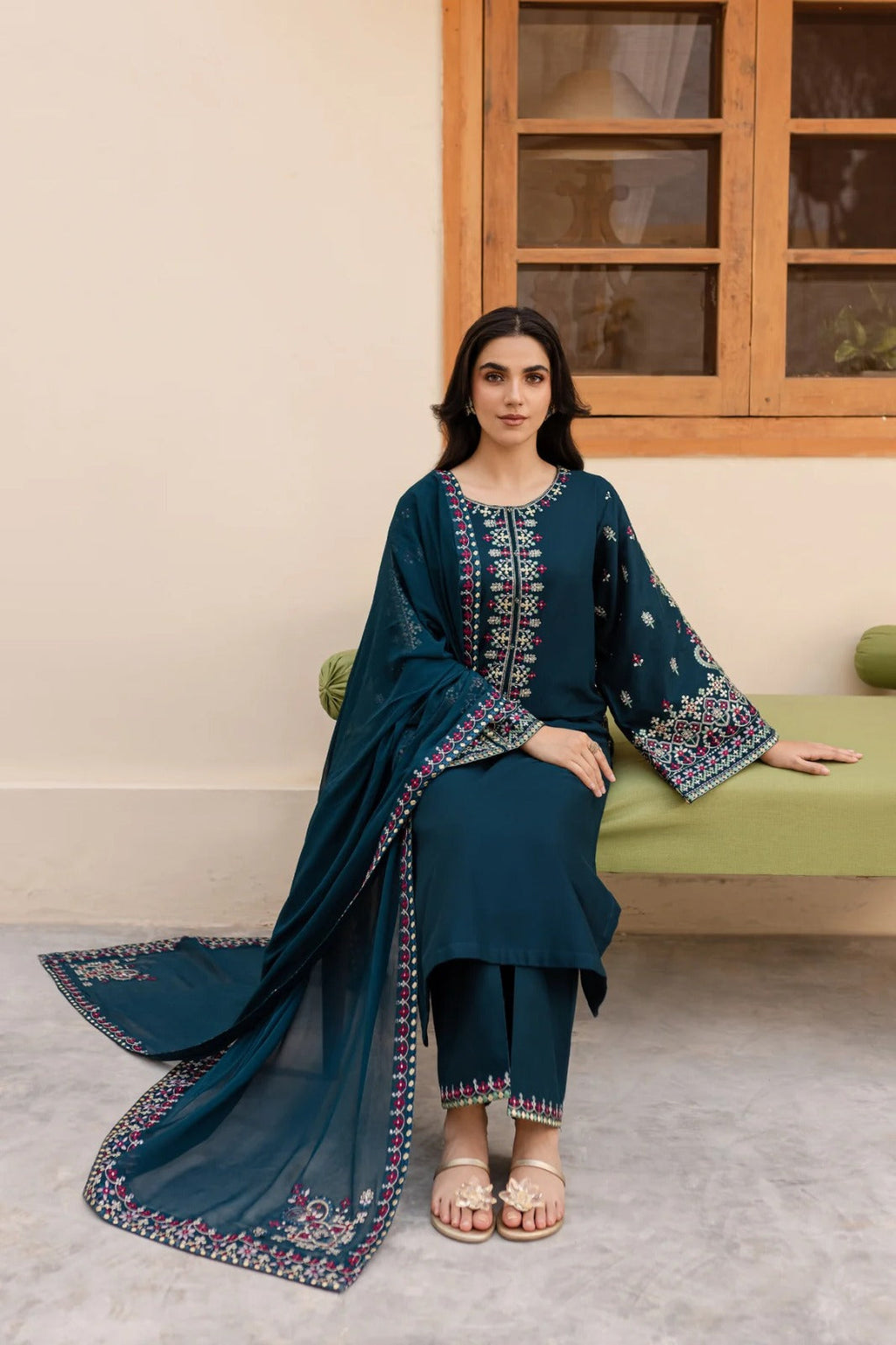 Dhanak-3PC Embroidered Shirt with Chiffon Embroidered Dupatta-3269
