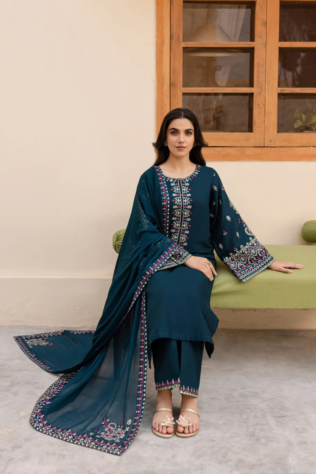 Dhanak-3PC Embroidered Shirt with Chiffon Embroidered Dupatta-3269
