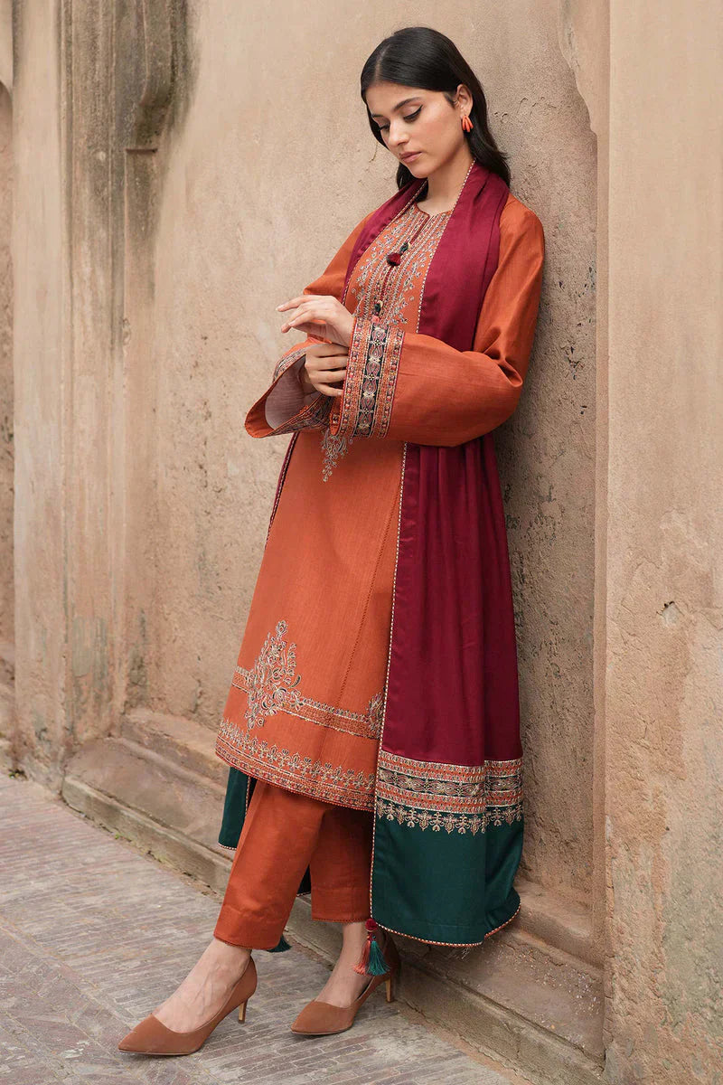 Dhanak-3PC Embroidered Shirt with Digital Printed Wool Shawl - 3239