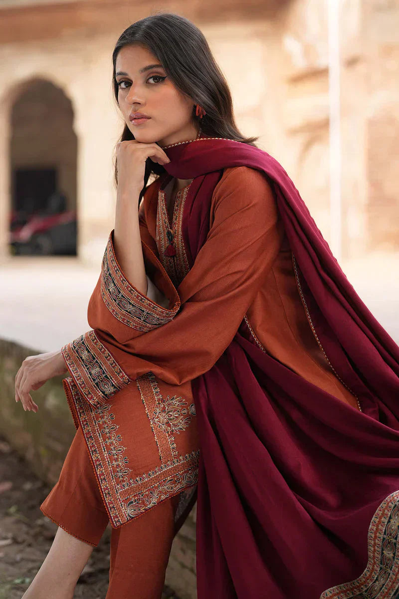 Dhanak-3PC Embroidered Shirt with Digital Printed Wool Shawl - 3239
