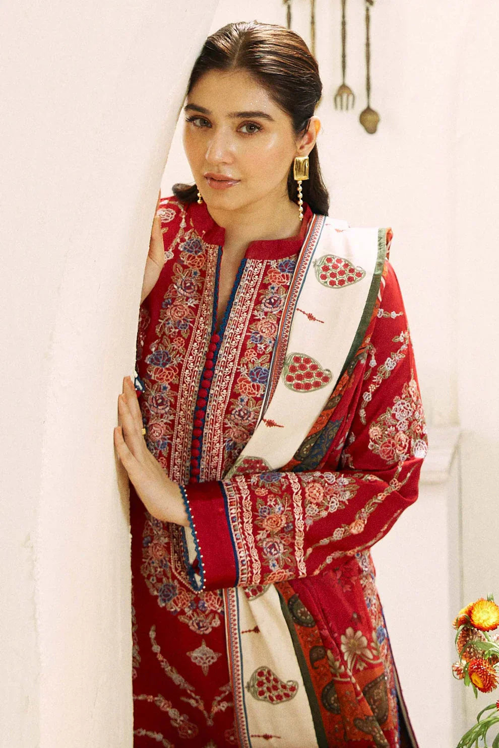 Dhanak 3PC  Embroidered Shirt With Digital printed wool shawl-659