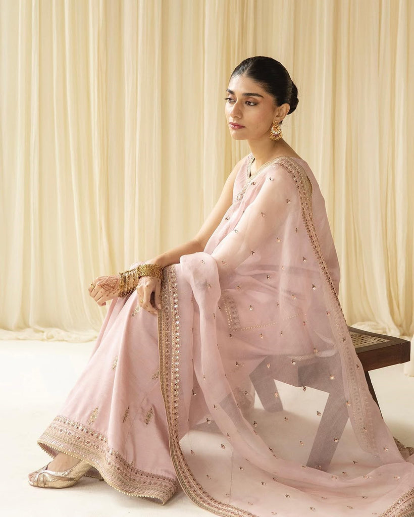 Dhanak-3PC Embroidered Shirt with Organza  Sequins Embroidered Dupatta- 3342