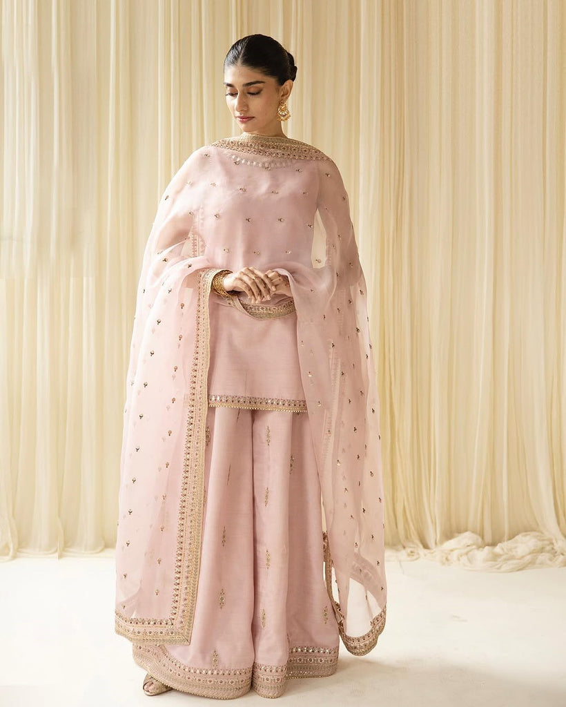 Dhanak-3PC Embroidered Shirt with Organza  Sequins Embroidered Dupatta- 3342