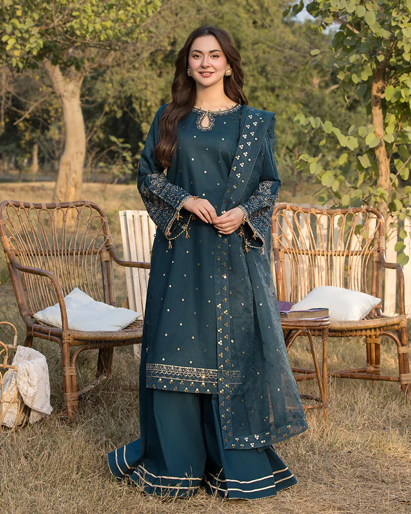 Dhanak-3PC Embroidered Shirt with Organza Embroidered Dupatta- 3392