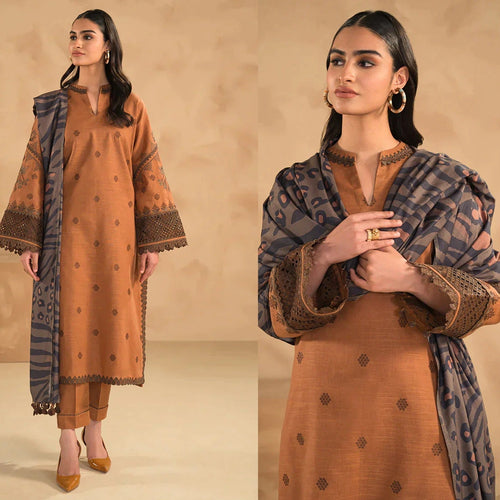 3PC Dhanak Embroidered suit with Digital Printed Wool Shawl-1313