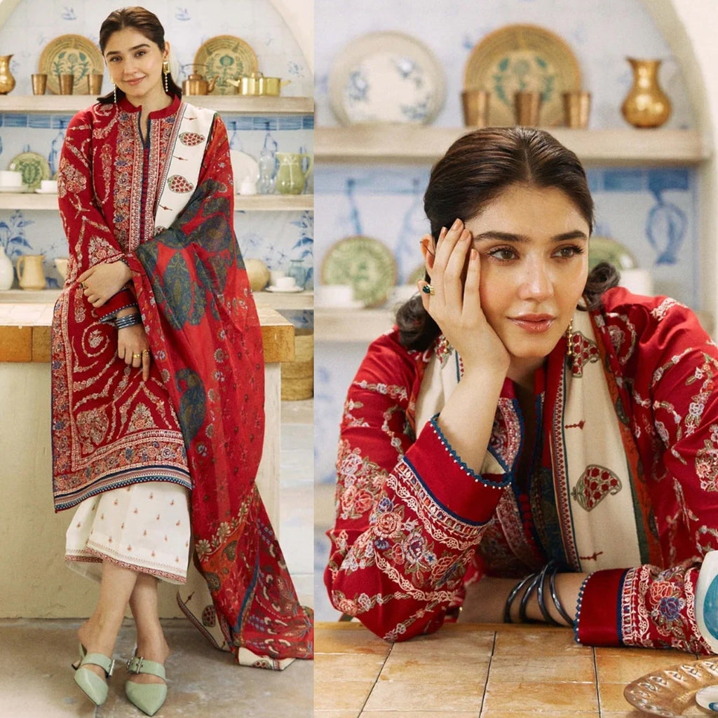Dhanak 3PC  Embroidered Shirt With Digital printed wool shawl-659