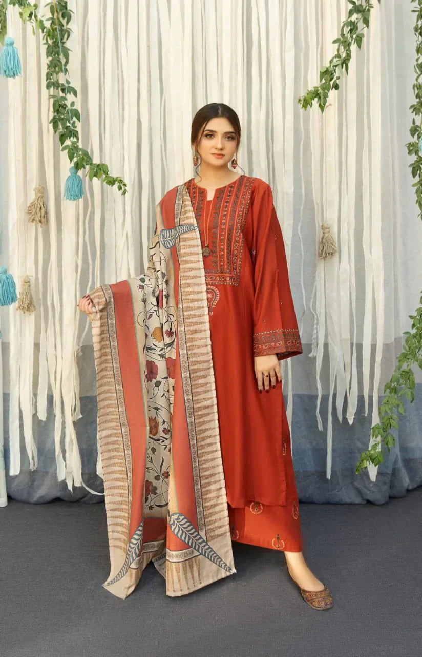 URGE 3PC Dhanak Embroidered With Digital Printed Shawl-651