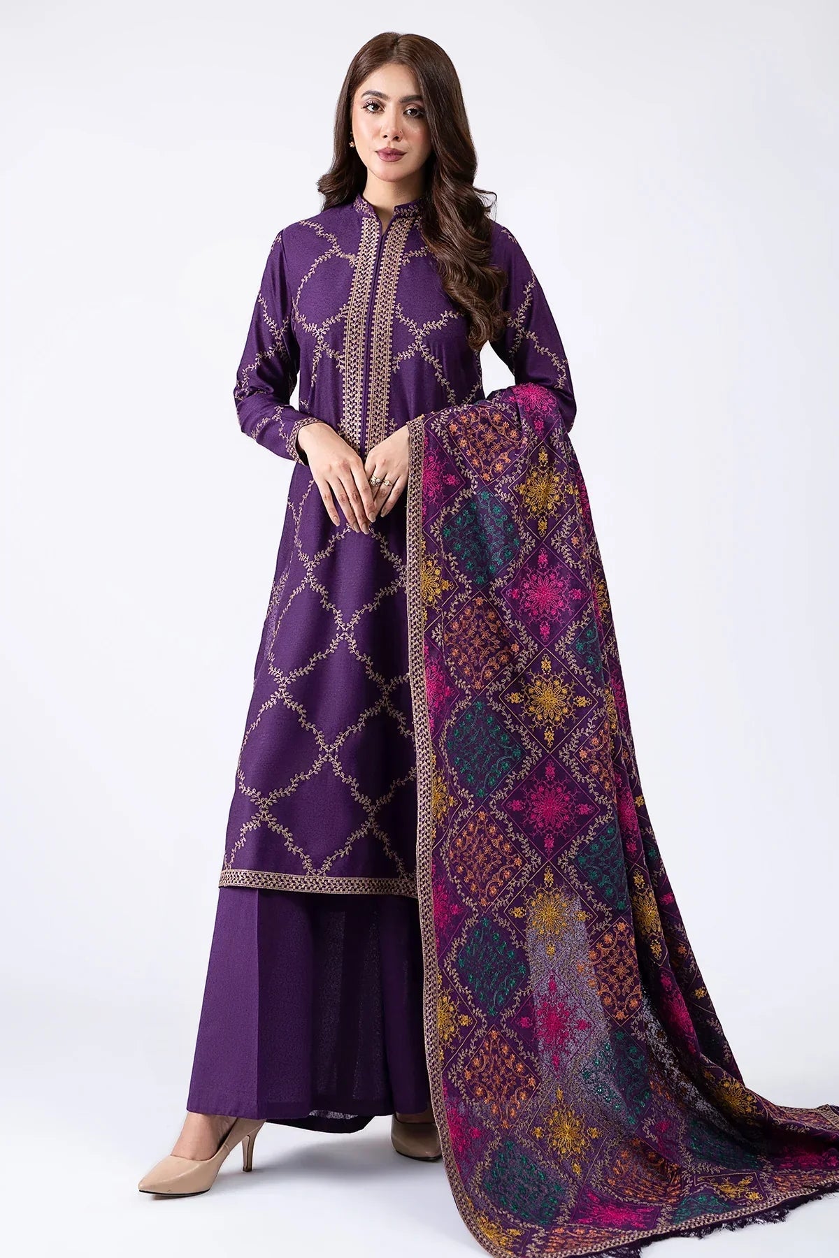KAYSERIA 3PC DHANAK EMBROIDERED WITH DHANAK EMBROIDERED SHAWL-102