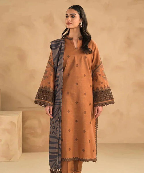 3PC Dhanak Embroidered suit with Digital Printed Wool Shawl-1313
